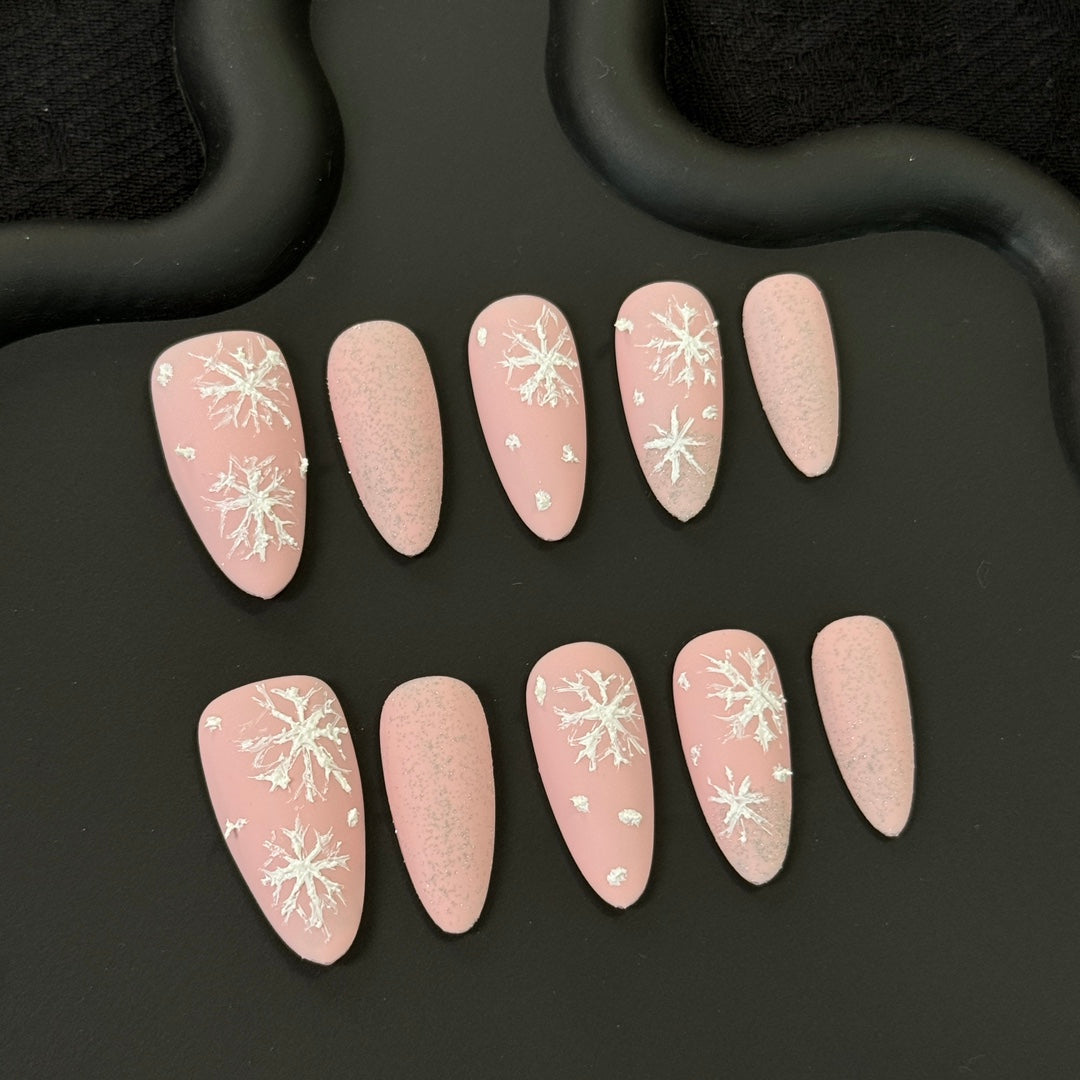 Festive Snowflakes & Medium Pink Almond Handmade Press-On Nails | Removable & Reusable with Free Tool Kit