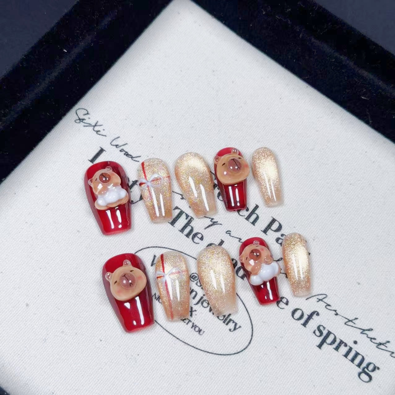 Capybara Christmas Design & Medium Coffin Handmade Press-On Nails | Removable & Reusable with Free Tool Kit