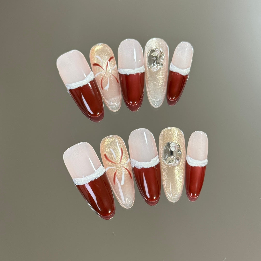 Long Almond Christmas Gifts Nails | Handmade Press-On Nails | Removable & Reusable with Free Tool Kit