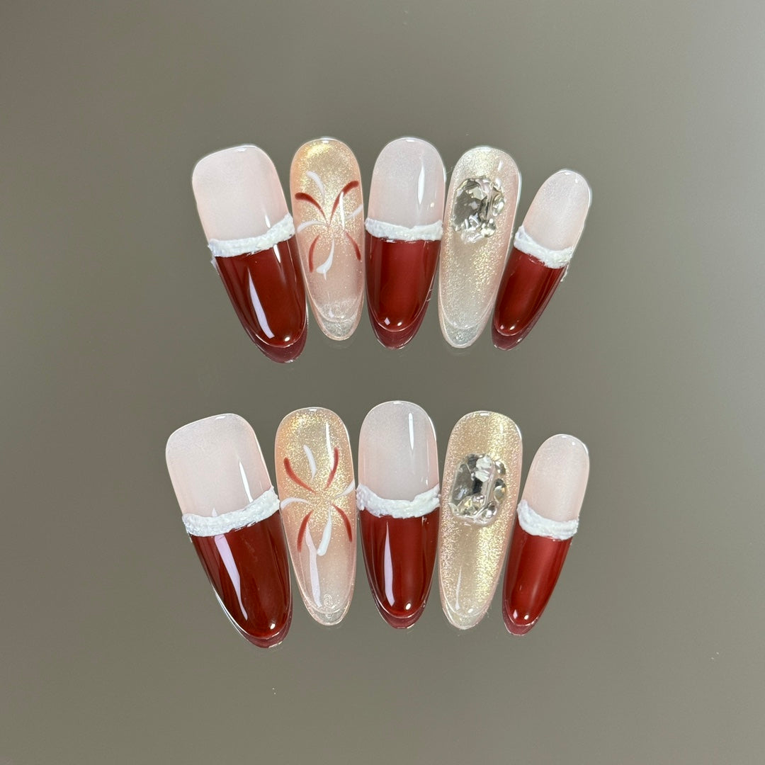 Long Almond Christmas Gifts Nails | Handmade Press-On Nails | Removable & Reusable with Free Tool Kit