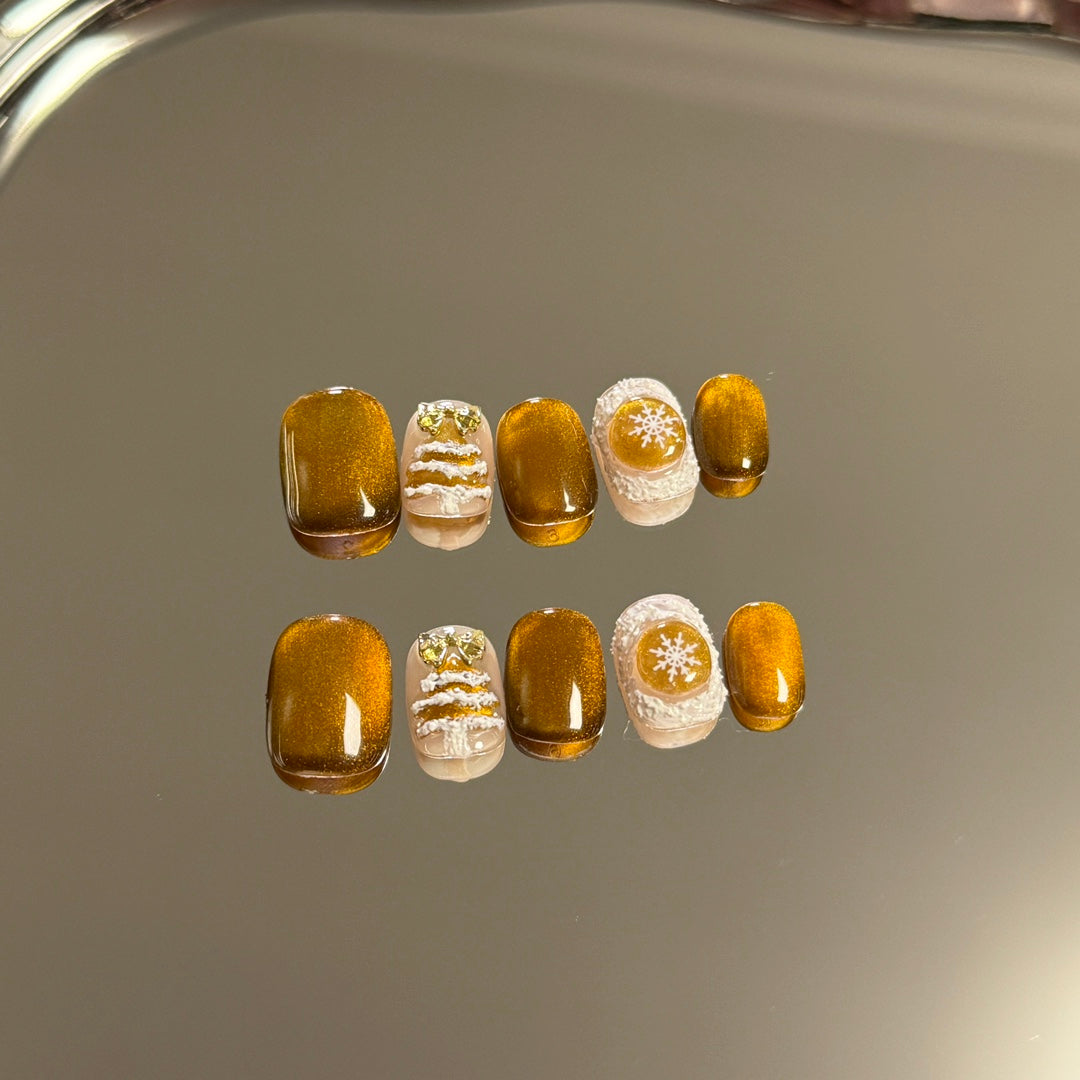 Ultra-Short Round Gold Cat Eye & White Hand-Painted Christmas Tree and Snowflakes | Handmade Press-On Nails |Removable & Reusable with Free Tool Kit
