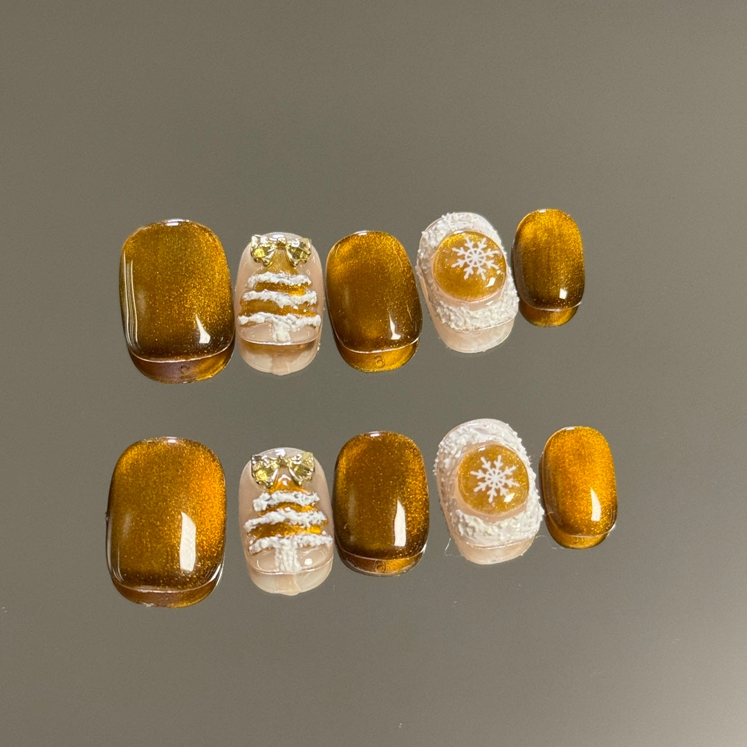 Ultra-Short Round Gold Cat Eye & White Hand-Painted Christmas Tree and Snowflakes | Handmade Press-On Nails |Removable & Reusable with Free Tool Kit
