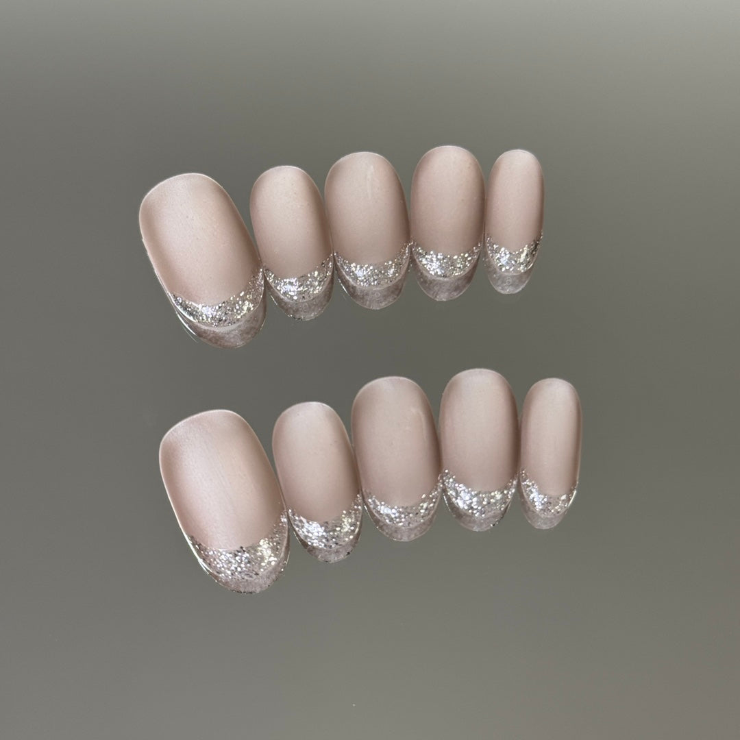 Short Oval Silver Fine Glitter French Tip & Latest Matte Cat Eye Handmade Press-On Nails | Removable & Reusable with Free Tool Kit
