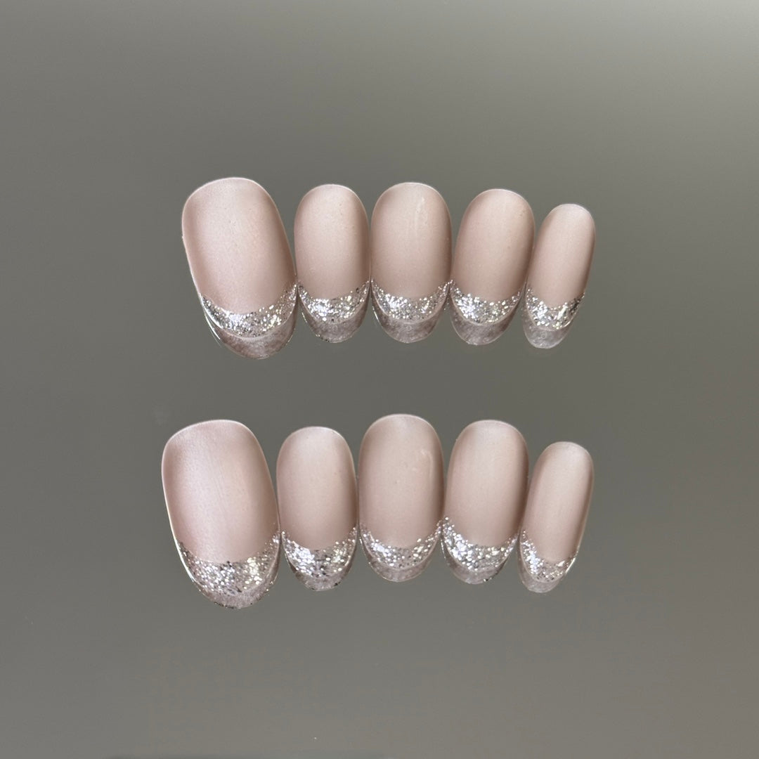 Short Oval Silver Fine Glitter French Tip & Latest Matte Cat Eye Handmade Press-On Nails | Removable & Reusable with Free Tool Kit