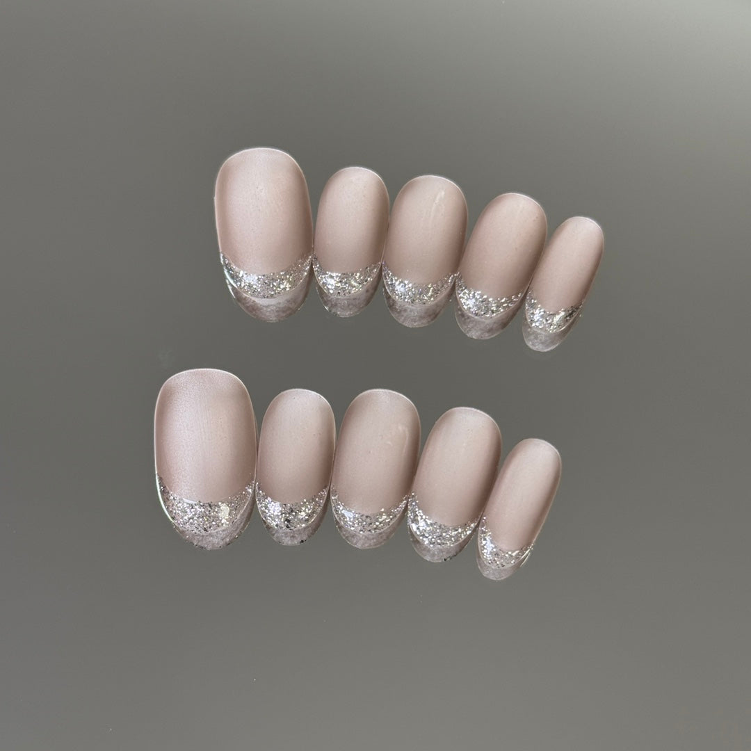 Short Oval Silver Fine Glitter French Tip & Latest Matte Cat Eye Handmade Press-On Nails | Removable & Reusable with Free Tool Kit