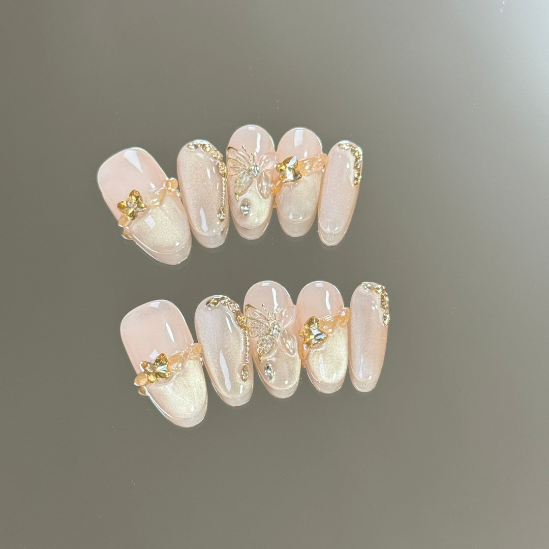 Medium Oval Light Gold Cat Eye & French TIp with Hand-Painted Butterfly Accents Handmade Press-On Nails | Removable and Reusable | Free Tool Kit Included