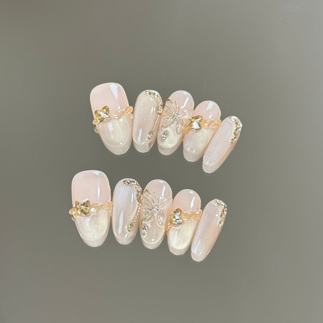 Medium Oval Light Gold Cat Eye & French TIp with Hand-Painted Butterfly Accents Handmade Press-On Nails | Removable and Reusable | Free Tool Kit Included