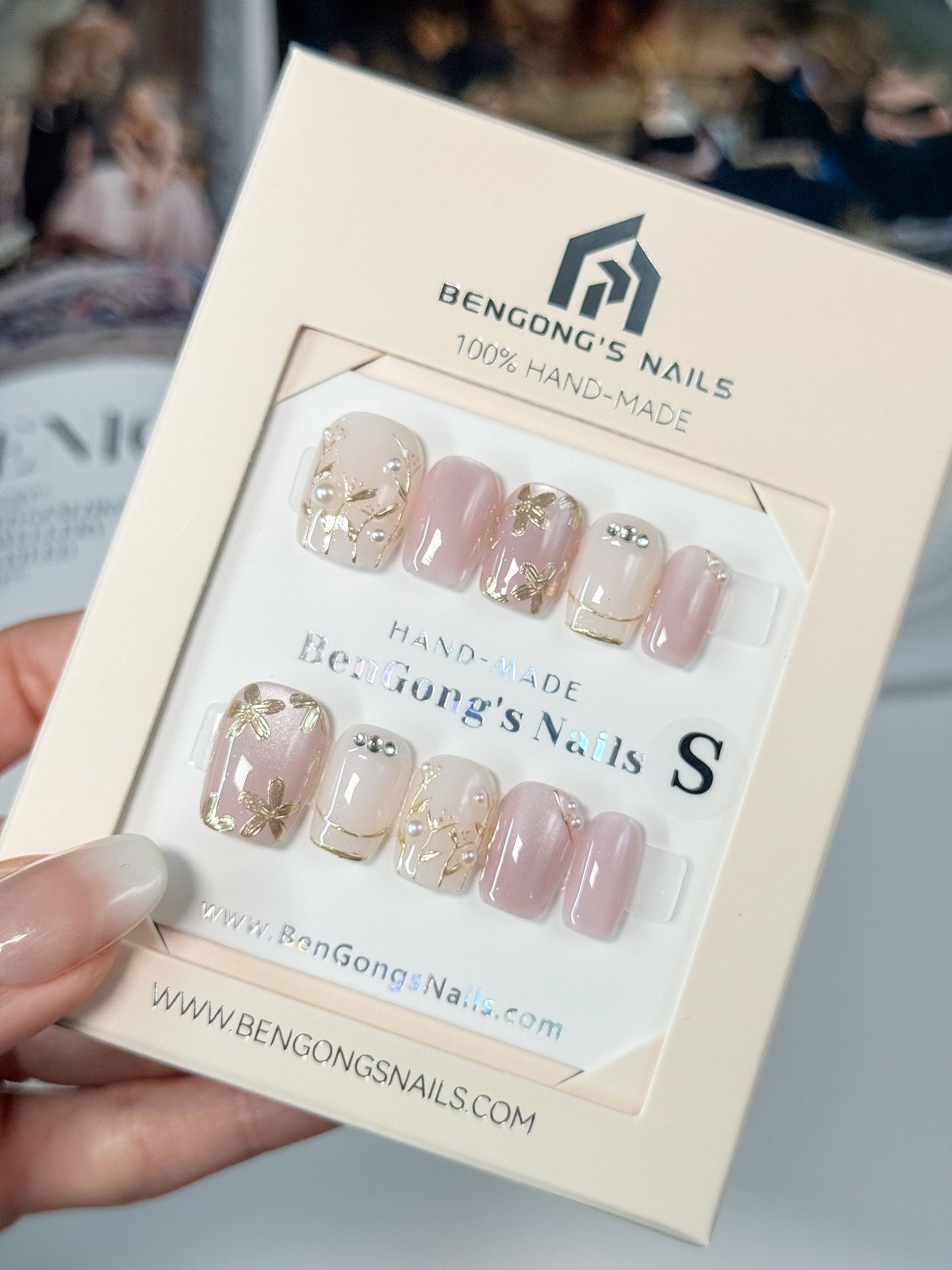 2 Nail Shapes | Champagne Blush with Gold Foil | Handmade Press-On Nails | Removable and Reusable | Free Tool Kit Included