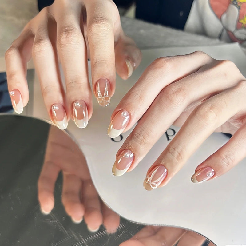 Short Oval Hand-Painted French Moonlight Pink and White Bow Handmade Press-On Nails | Removable and Reusable | Free Tool Kit Included