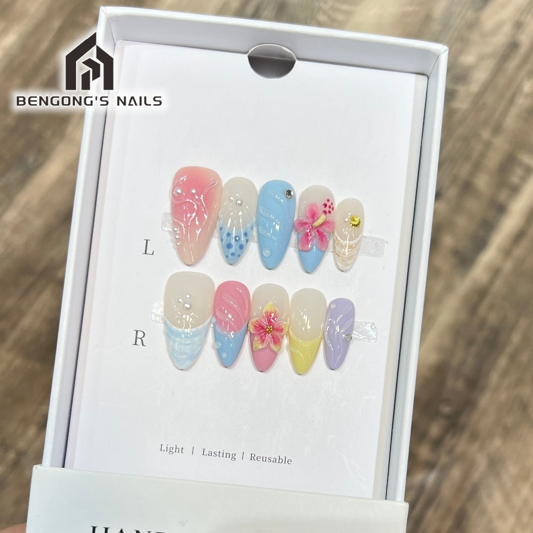 Powdered Petals | Medium-length Almond |Handmade Press-On Nails | Removable and Reusable | Free Tool Kit Included