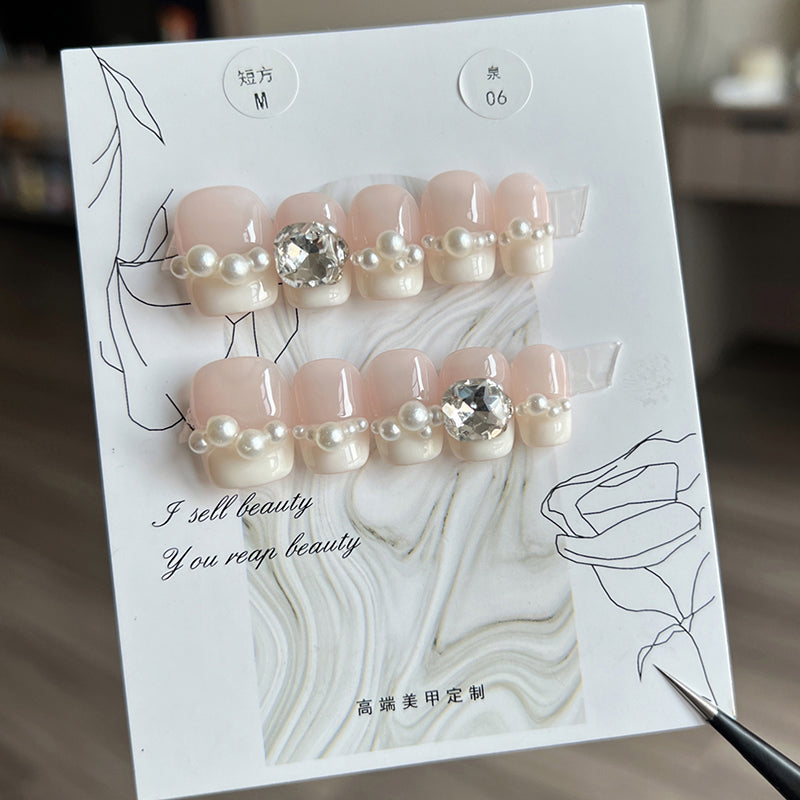 Super Short Square Pearl French & Milky White and Light Yellow Handmade Press-On Nails | Removable and Reusable | Free Tool Kit Included