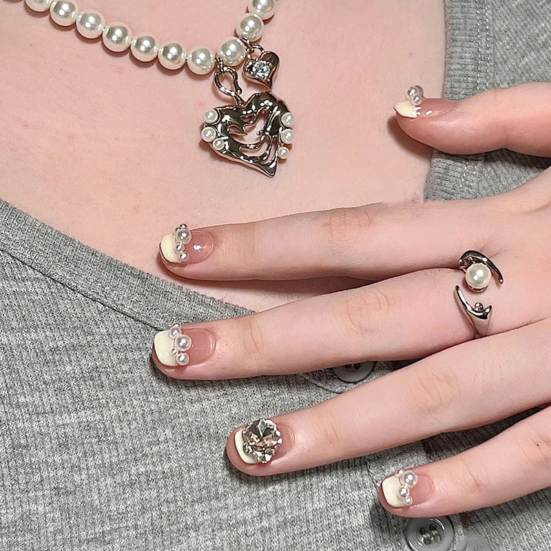 Super Short Square Pearl French & Milky White and Light Yellow Handmade Press-On Nails | Removable and Reusable | Free Tool Kit Included