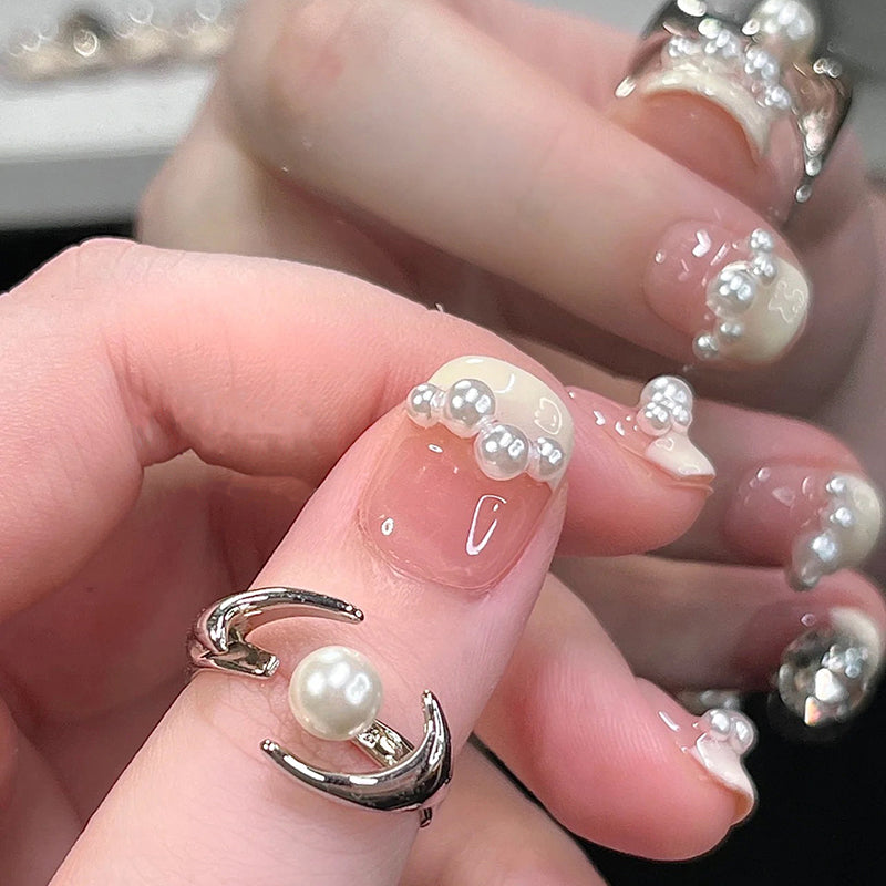 Super Short Square Pearl French & Milky White and Light Yellow Handmade Press-On Nails | Removable and Reusable | Free Tool Kit Included