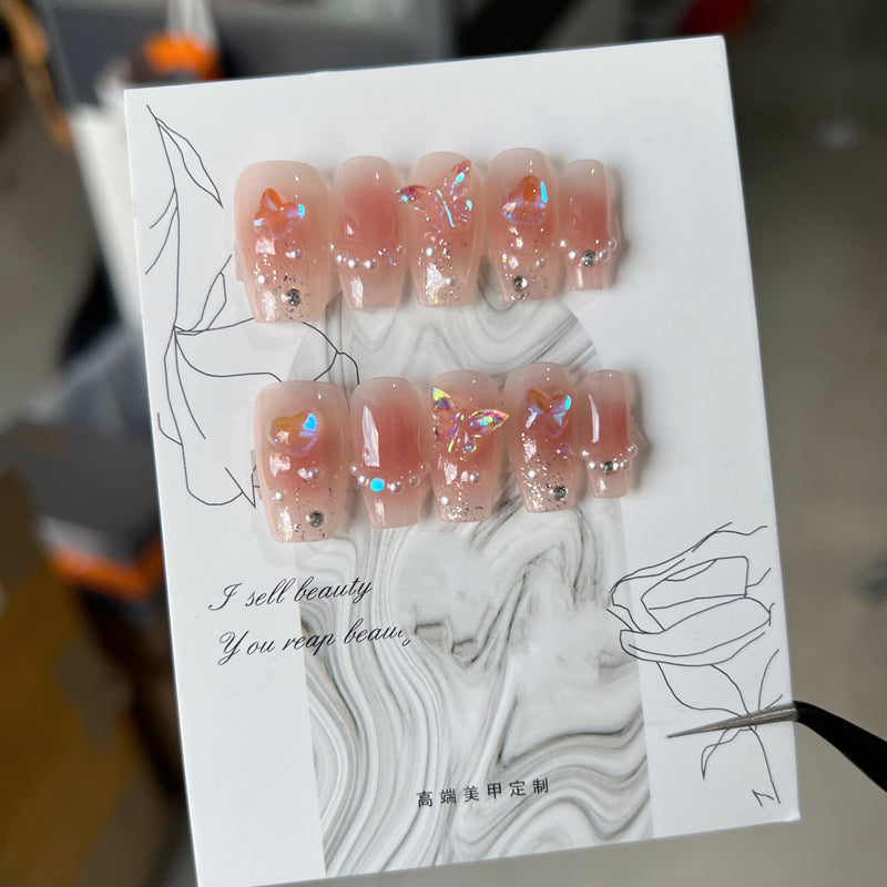 Medium Coffin Nude to Light Pink Ombre Handmade Press-On Nails with 3D Butterfly Design | Removable & Reusable | Free Tool Kit Included