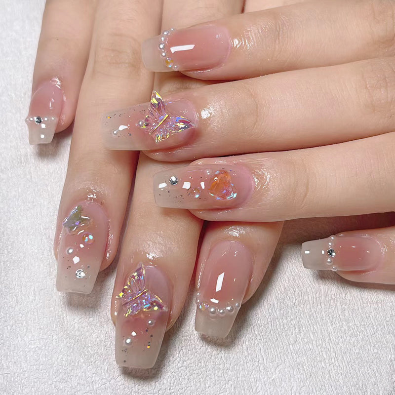 Medium Coffin Nude to Light Pink Ombre Handmade Press-On Nails with 3D Butterfly Design | Removable & Reusable | Free Tool Kit Included