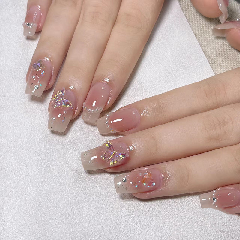 Medium Coffin Nude to Light Pink Ombre Handmade Press-On Nails with 3D Butterfly Design | Removable & Reusable | Free Tool Kit Included