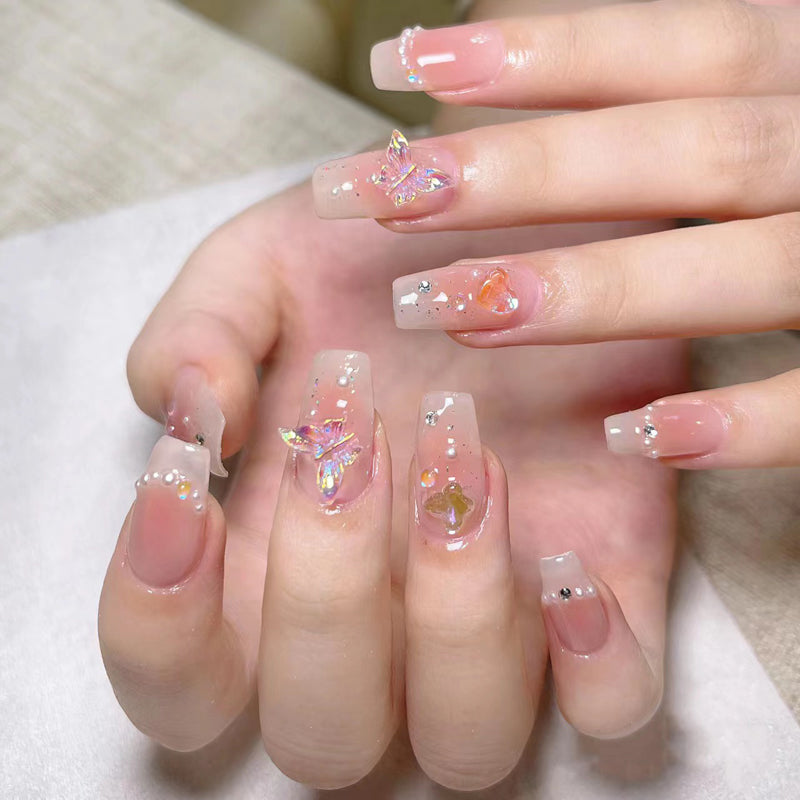 Medium Coffin Nude to Light Pink Ombre Handmade Press-On Nails with 3D Butterfly Design | Removable & Reusable | Free Tool Kit Included