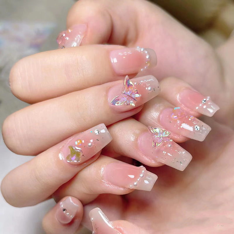 Medium Coffin Nude to Light Pink Ombre Handmade Press-On Nails with 3D Butterfly Design | Removable & Reusable | Free Tool Kit Included
