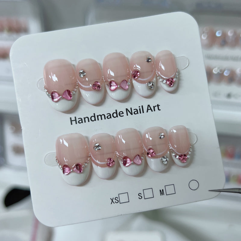 Short Oval White French Tip with Pink Diamond Bow Handmade Press-On Nails | Removable and Reusable | Free Tool Kit Included