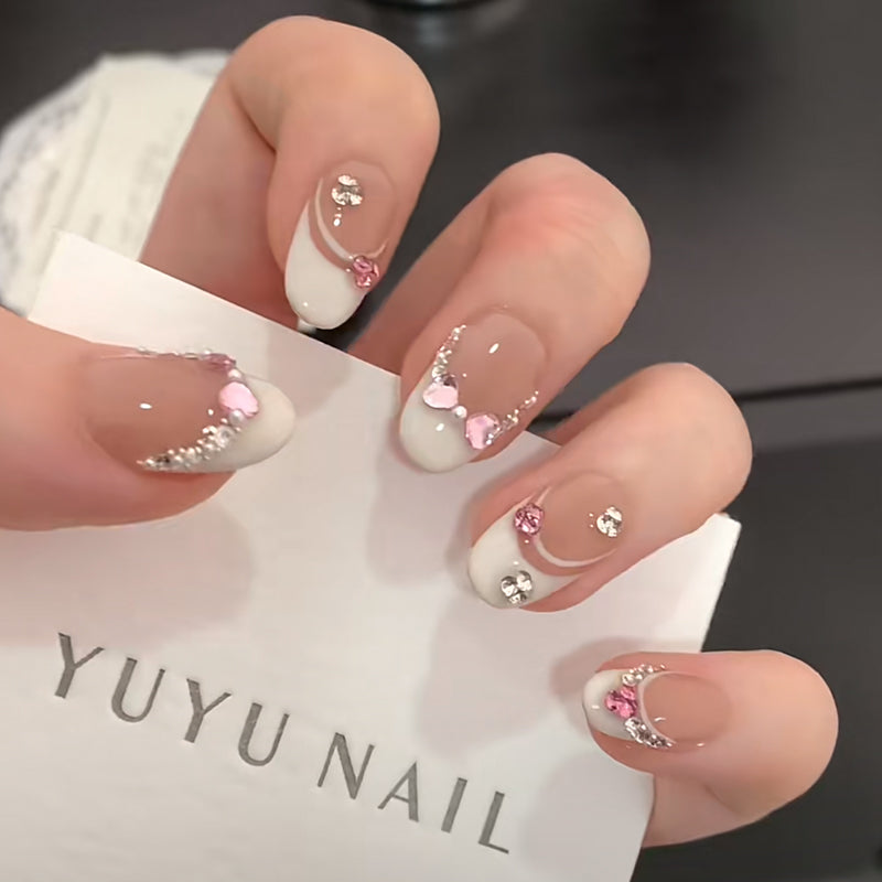 Short Oval White French Tip with Pink Diamond Bow Handmade Press-On Nails | Removable and Reusable | Free Tool Kit Included
