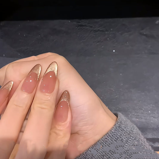 Medium Oval Light Gold French Tips & Minimalist Nude Cat Eye | Removable and Reusable | Free Tool Kit Included