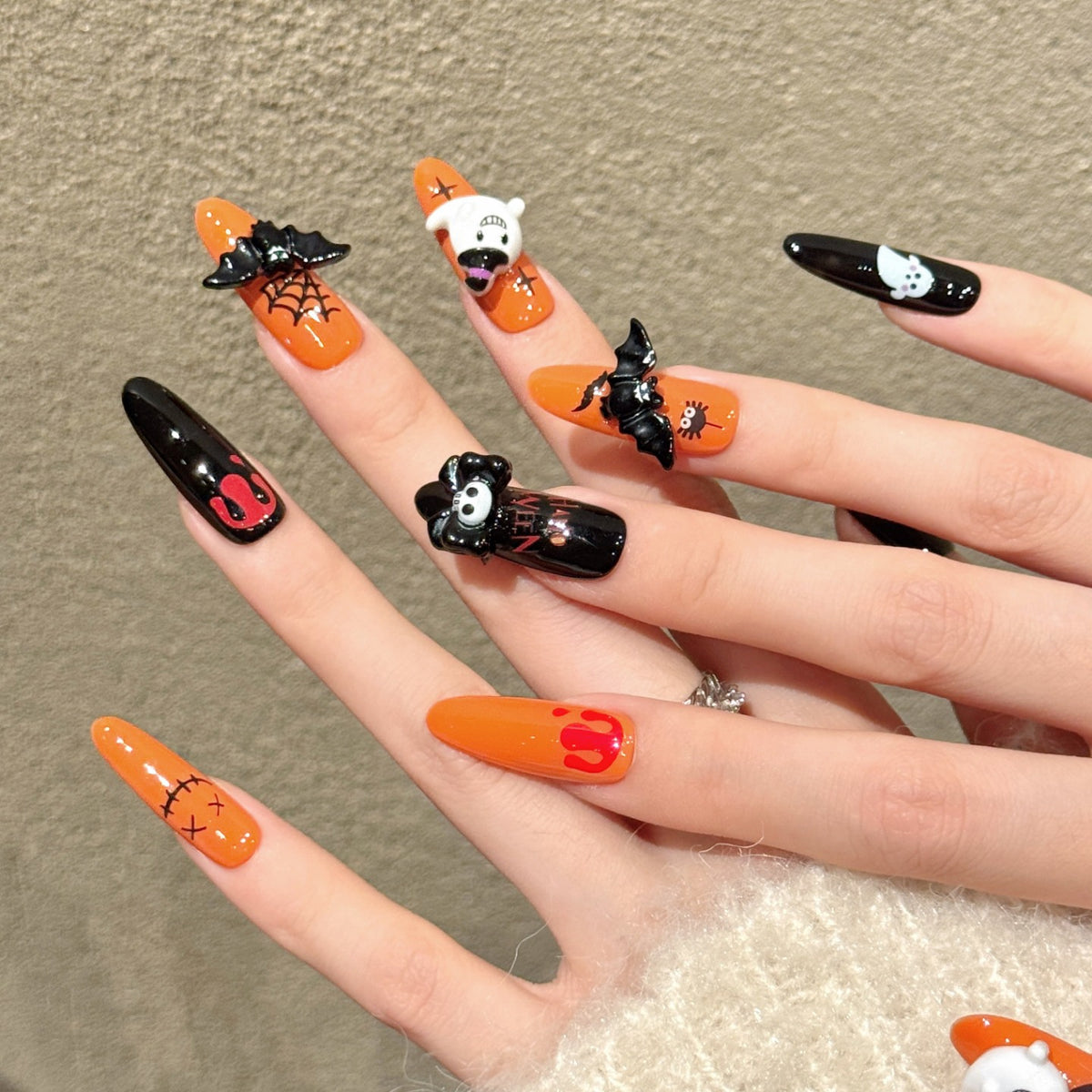 Spooky Night – Halloween Press On Nails | 3D Ghost & Skull Nails | Removable and Reusable | Free Tool Kit Included