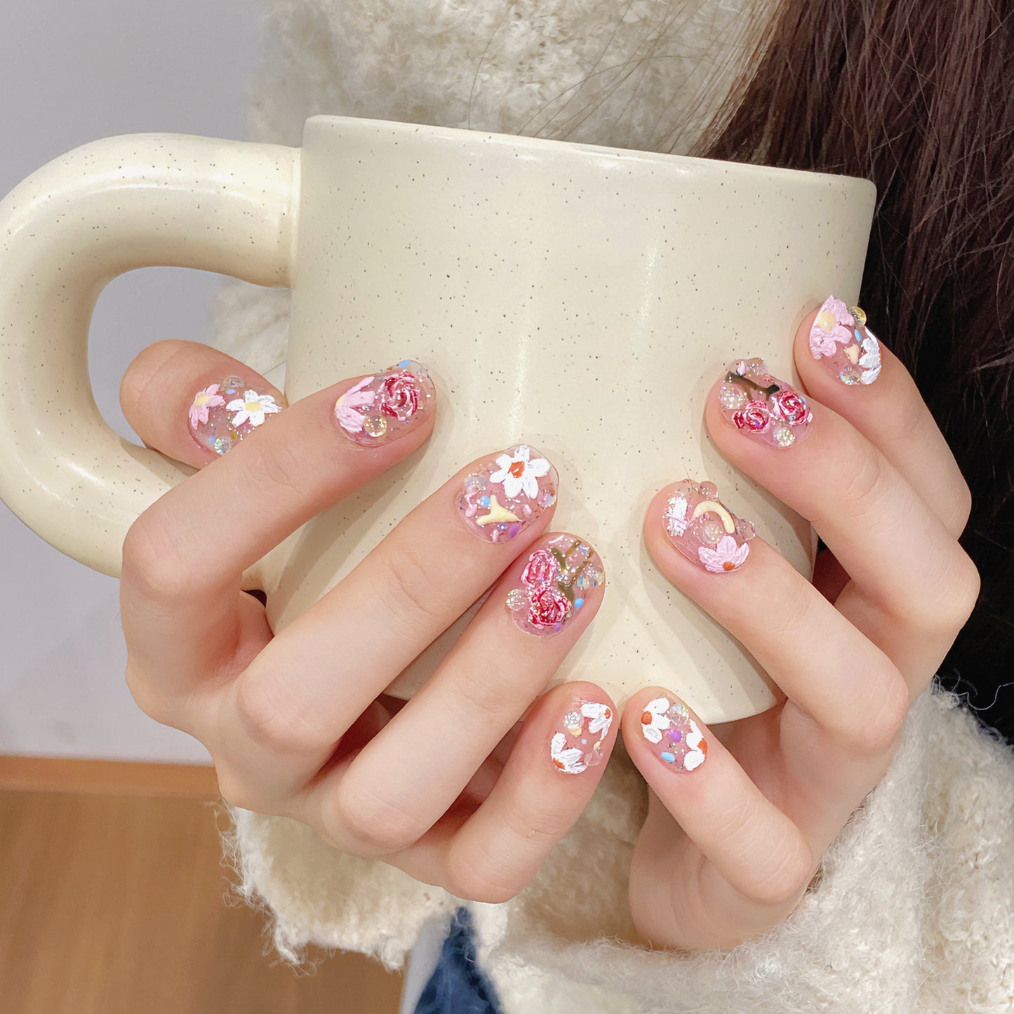 Short Oval 3D Hand-Painted Colorful Flowers Handmade Press-On Nails | Detachable and Reusable | Free Toolkit Included