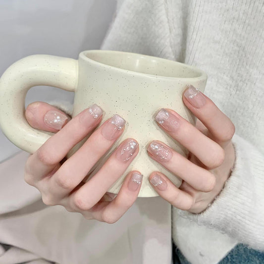 Super Short Coffin Nude French Tip Hand-Painted Silver Mermaid Press-On Nails | Removable and Reusable | Free Tool Kit Include
