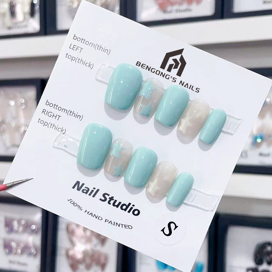 Short Coffin Summer Fresh Mint Green Handmade Press-On Nails | Removable and Reusable | Free Tool Kit Included