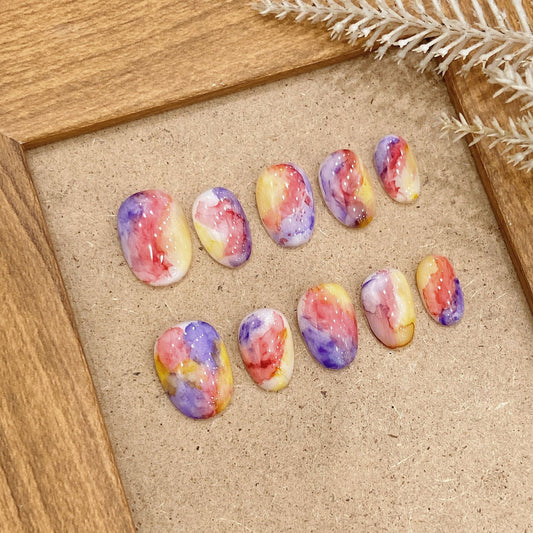 Short Oval Colorful Marble Pattern Handmade Press-On Nails | Removable and Reusable | Free Tool Kit Included