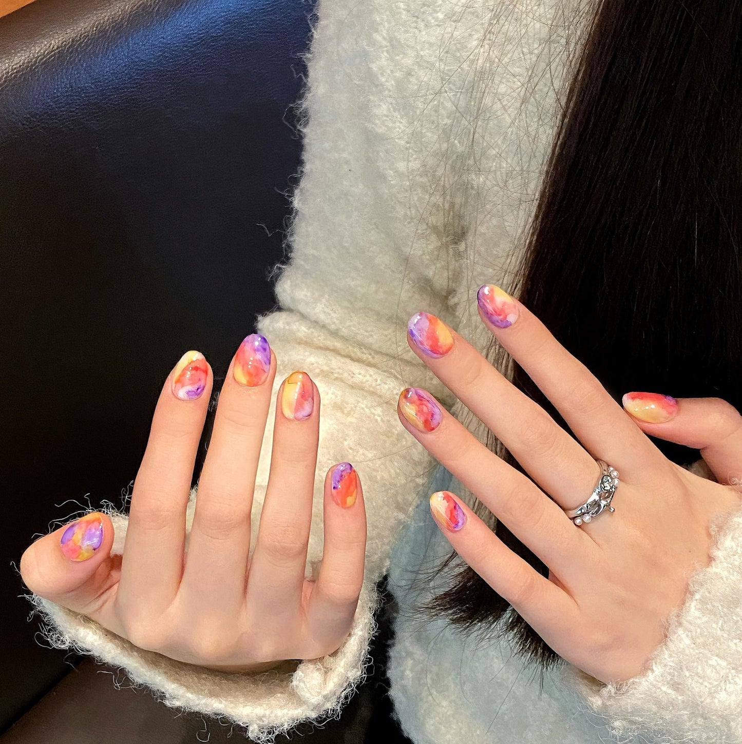 Short Oval Colorful Marble Pattern Handmade Press-On Nails | Removable and Reusable | Free Tool Kit Included