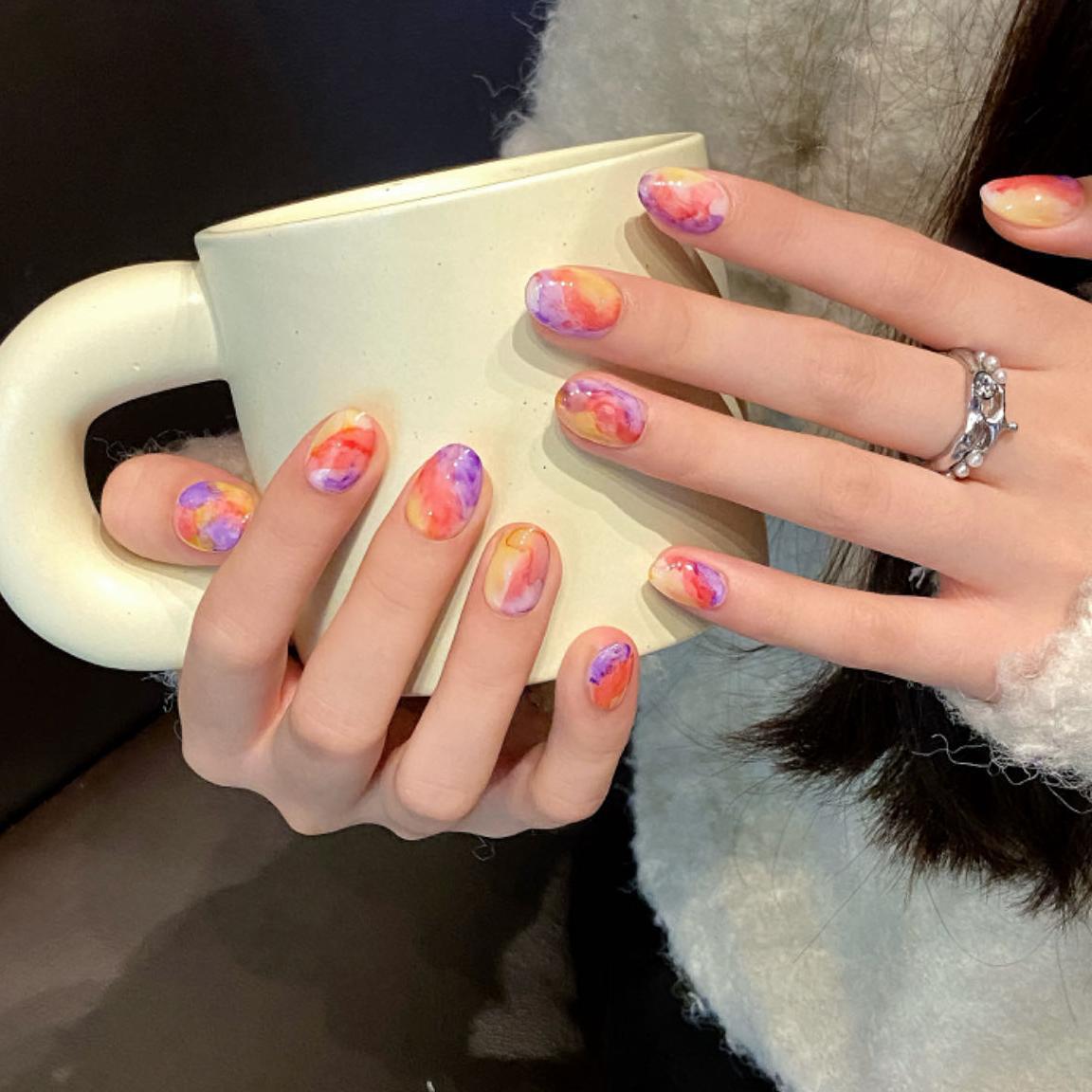 Short Oval Colorful Marble Pattern Handmade Press-On Nails | Removable and Reusable | Free Tool Kit Included