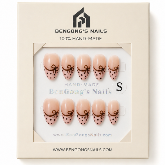 Brown Bow French Tip Inspo | Short Almond | Handmade Press-On Nails | Removable and Reusable | Free Tool Kit Included