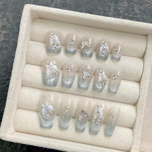 2  Shapes Water Blue French Cat Eye & Embossed Butterfly with Diamond Accents Handmade Press-On Nails | Removable and Reusable | Free Tool Kit Included