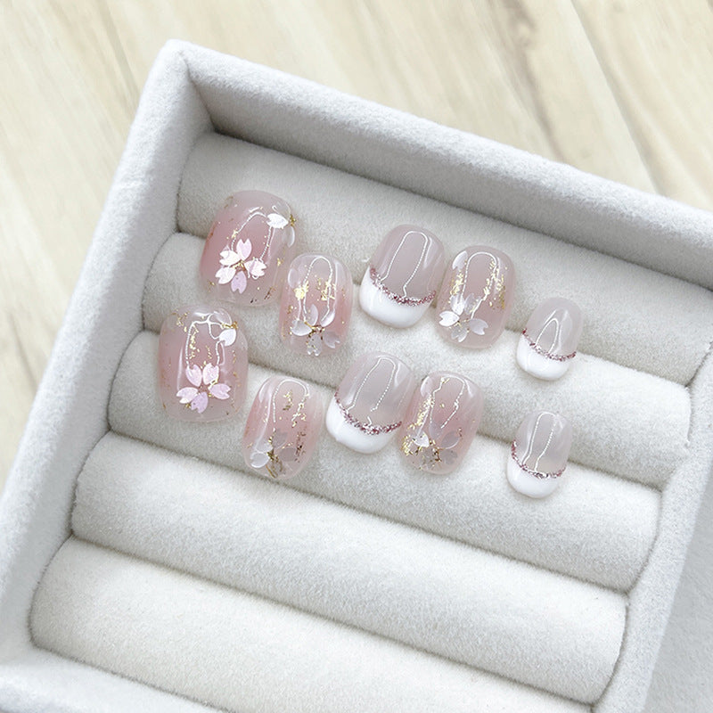 Short Gentle Pink Hand-Painted Cherry Blossom Press On Nails| French-style Transparent High-end Handmade Nails|Free Tool Kit Set Included