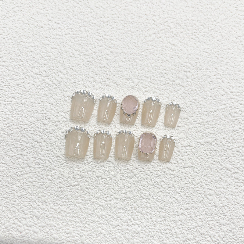 Nude Transparent Short Press On Nails | Gentle Pink Mist Diamond Handmade Nails|Free Tool Kit Set Included