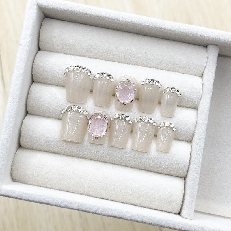 Nude Transparent Short Press On Nails | Gentle Pink Mist Diamond Handmade Nails|Free Tool Kit Set Included