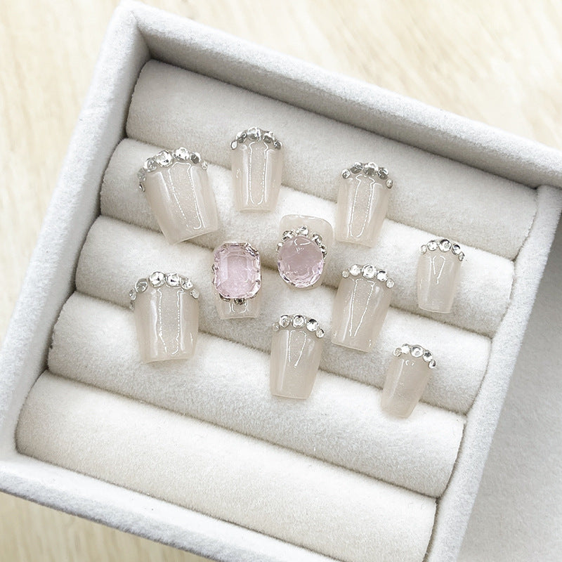 Nude Transparent Short Press On Nails | Gentle Pink Mist Diamond Handmade Nails|Free Tool Kit Set Included