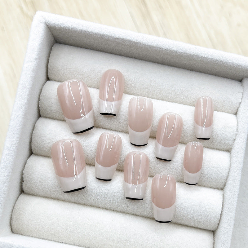 Medium Coffin Nude French Tip & Black Outline Lines Handmade Press-On Nails | Removable and Reusable | Free Tool Kit Included
