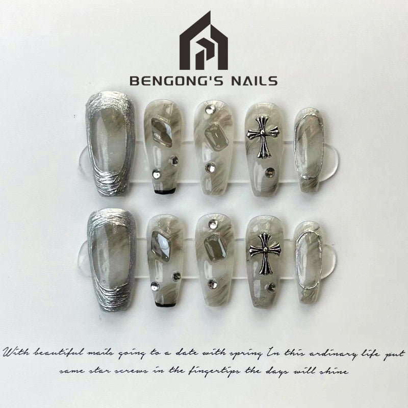 Long Coffin Black Ombre Handmade Press-On Nails with Silver Lined Edges | Removable & Reusable | Free Tool Kit Included