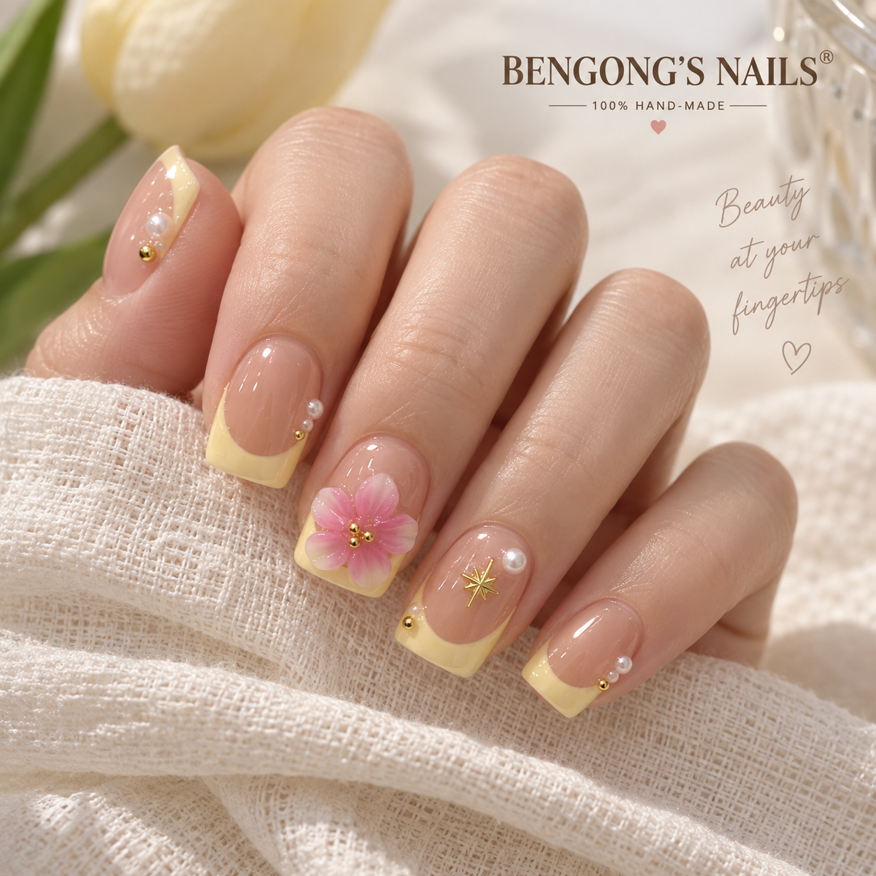 Lemon Blossom | Yellow French Tip Floral Square Handmade Press-On Nails | Removable and Reusable | Free Tool Kit Included