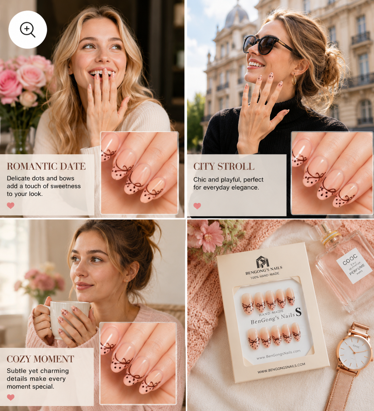 Brown Bow French Tip Inspo | Short Almond | Handmade Press-On Nails | Removable and Reusable | Free Tool Kit Included