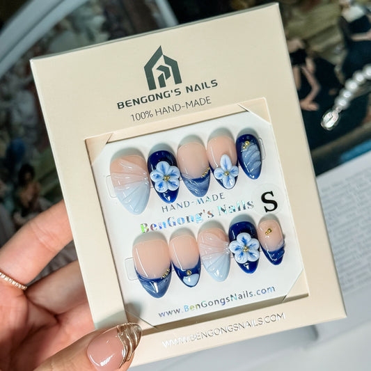 Blue Mirage Bloom | Short Almond | Handmade Press-On Nails | Removable and Reusable | Free Tool Kit Included