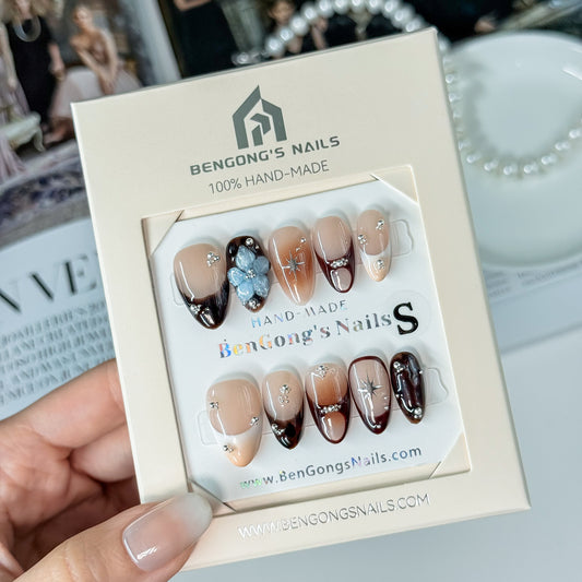 2 Shapes | Caramel Blossom | Handmade Press-On Nails | Removable and Reusable | Free Tool Kit Included