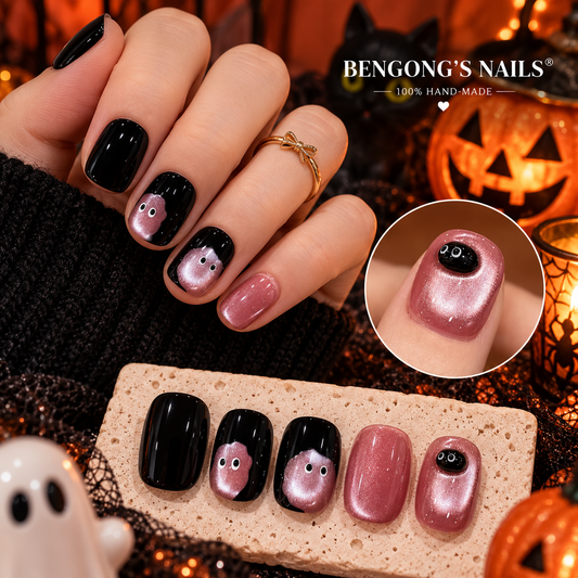 Pink Ghost Halloween Press On Nails – Black Cat Eye Nails | Removable and Reusable | Free Tool Kit Included