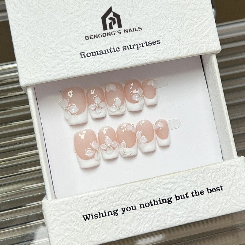 Blanc Fleur French | Medium-length square |Handmade Press-On Nails | Removable and Reusable | Free Tool Kit Included