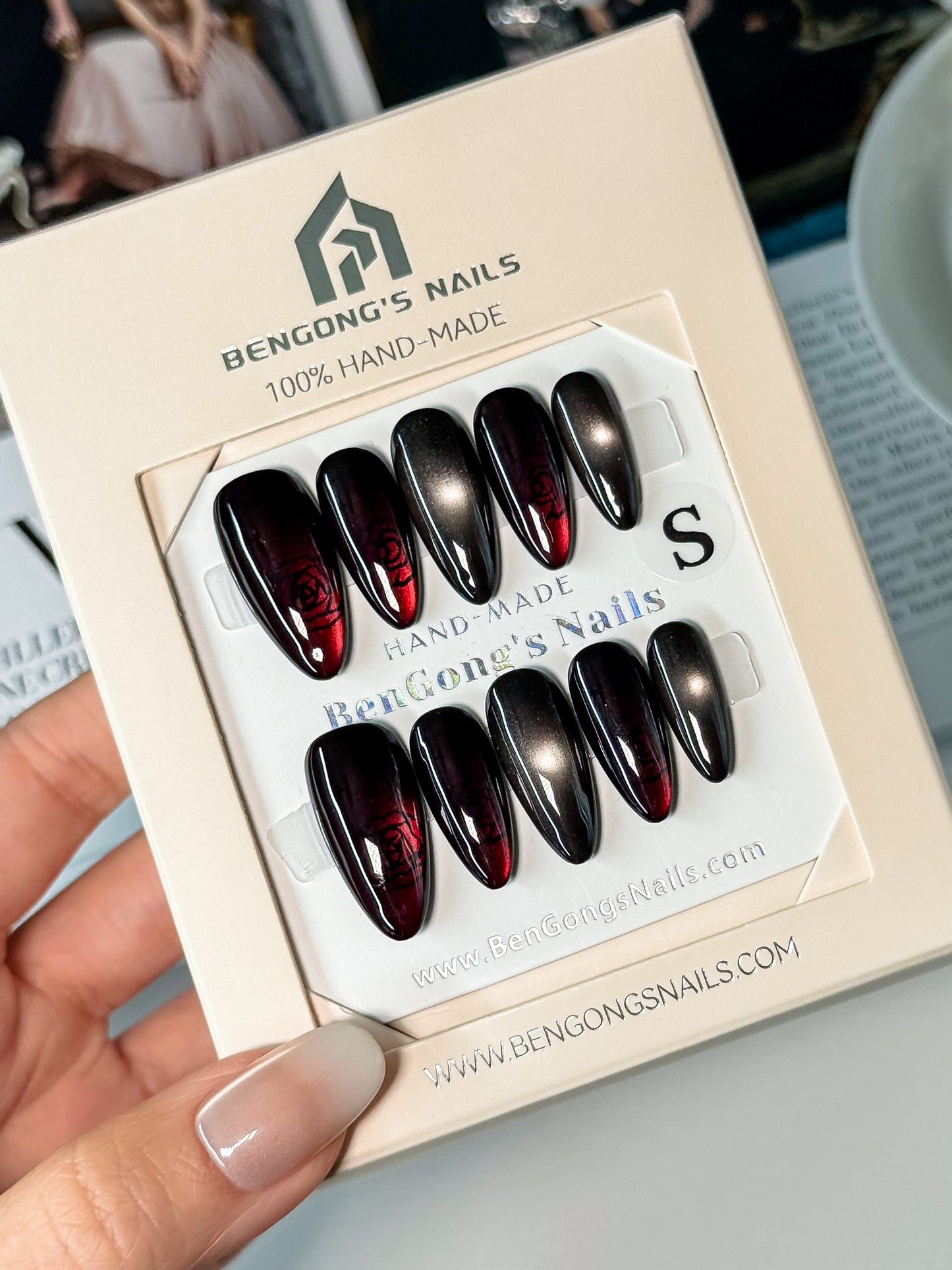 3 Nail Shapes | Crimson Rose in Black Cat-Eye | |Handmade Press-On Nails | Removable and Reusable | Free Tool Kit Included
