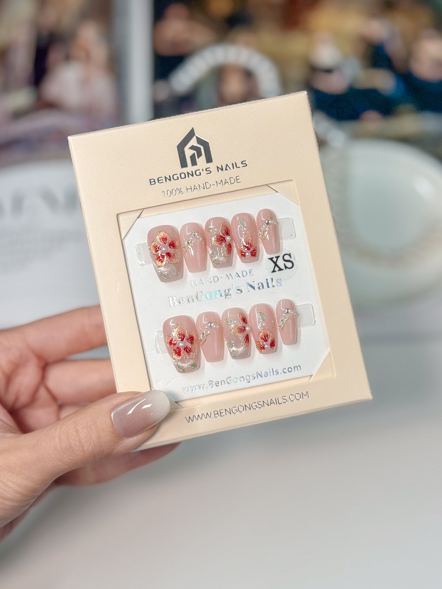 3 Nails Shapes | Blush Enamel-Inspired Red Florals | Handmade Press-On Nails | Removable and Reusable | Free Tool Kit Included