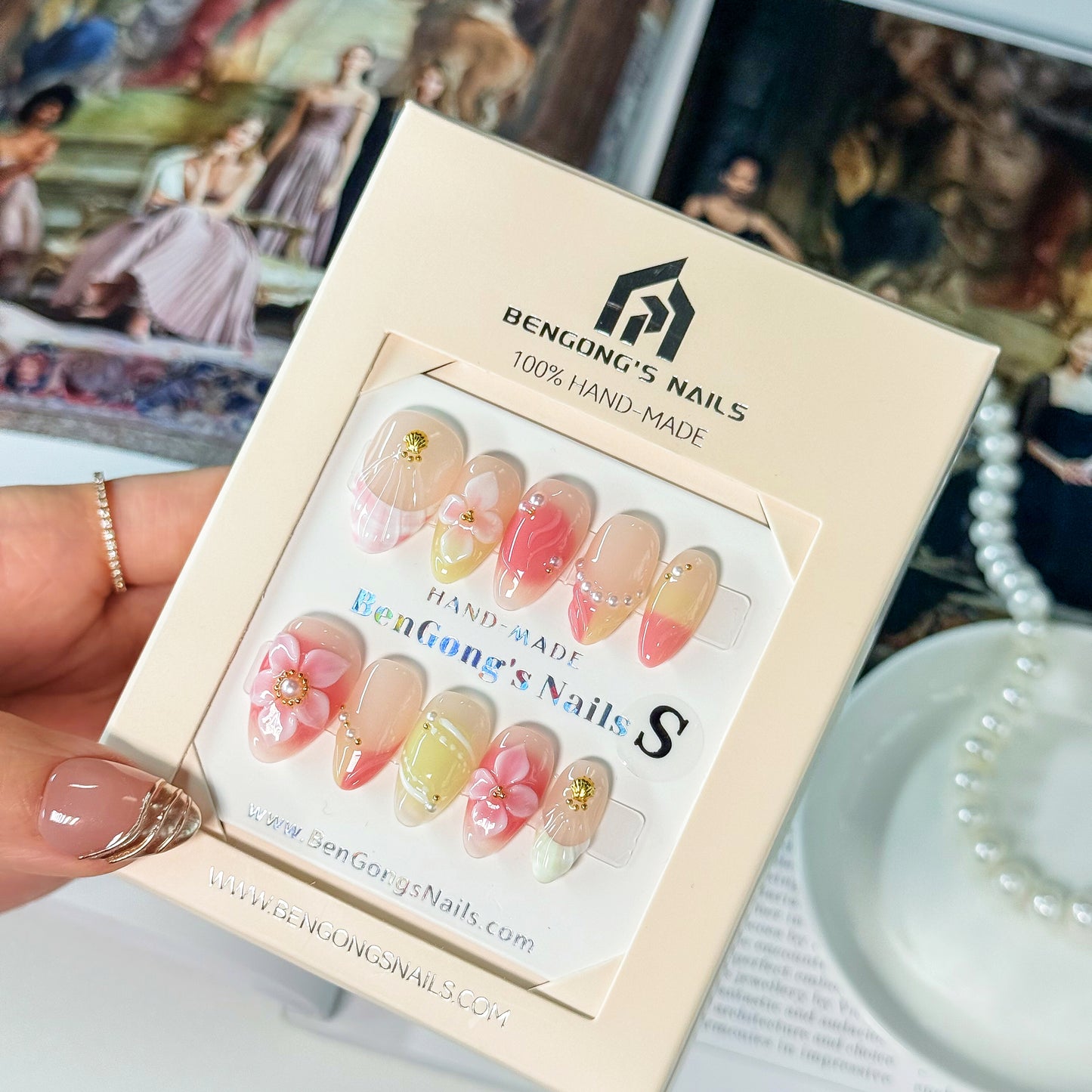 Blossom Promise | Short Almond | Handmade Press-On Nails | Removable and Reusable | Free Tool Kit Included