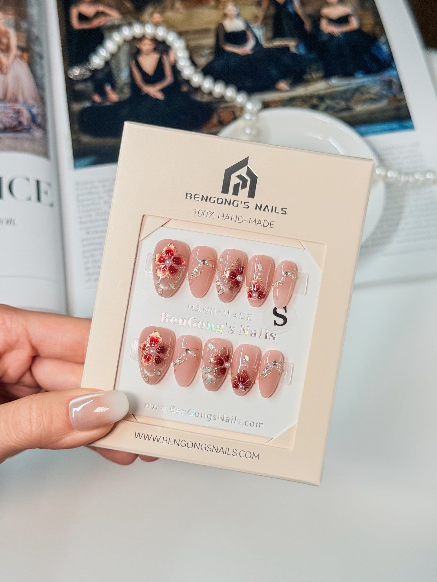 3 Nails Shapes | Blush Enamel-Inspired Red Florals | Handmade Press-On Nails | Removable and Reusable | Free Tool Kit Included